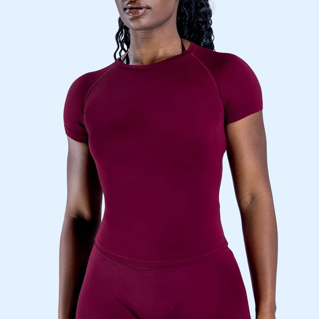 Figure-flattering Seamless Knit Short-sleeve Top For Fitness And Yoga
