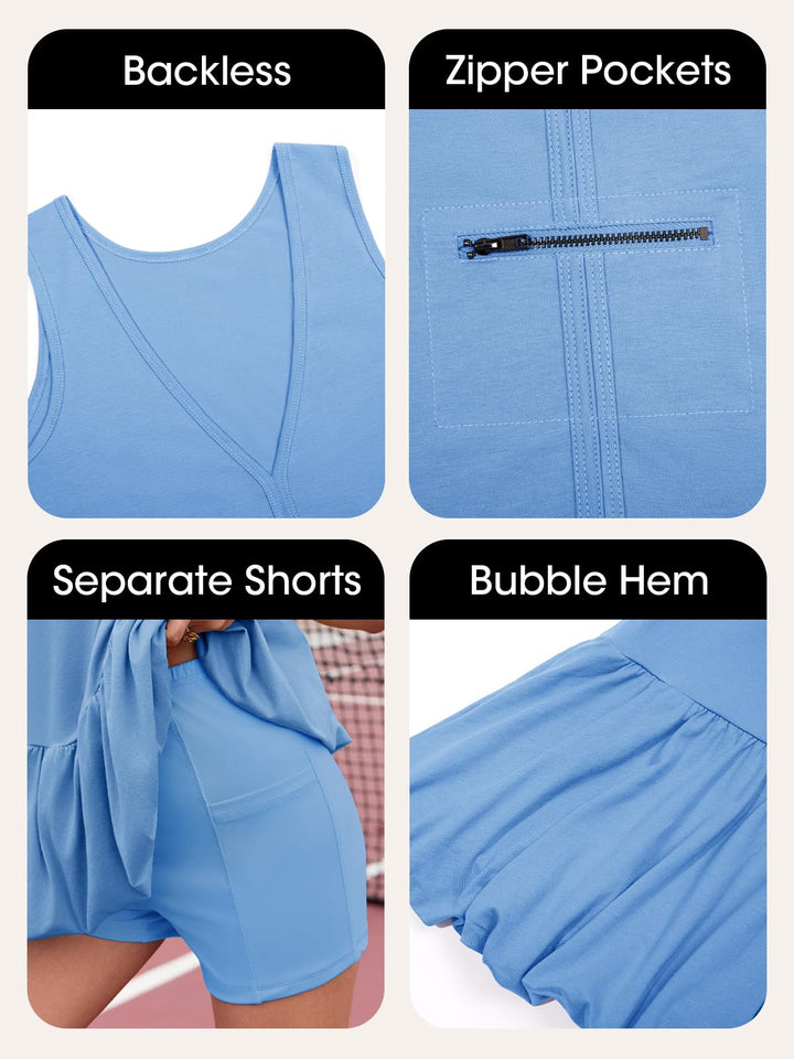 Fisoew Womens Athletic Dresses With Shorts &amp; Pockets Backless Tennis Golf Mini Dress Bubble Hem Workout Active Outfits