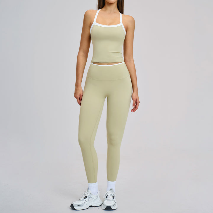 Nude-Feel Yoga Set Contrasting Colors, Crossed Back Design, Tight-Fitting Yoga Wear
