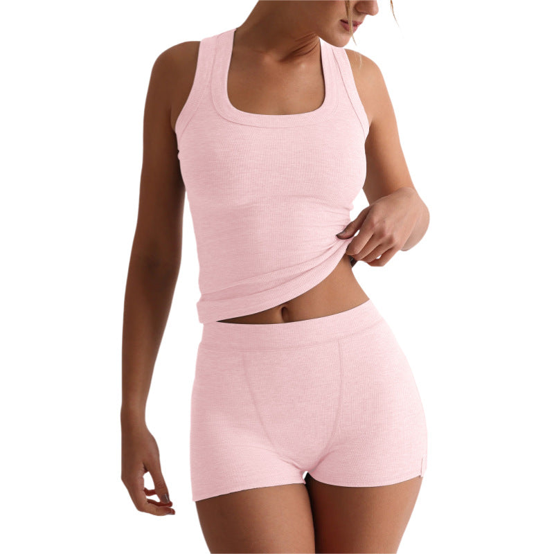 Womens Casual Solid-Colored Crew-Neck Slim-Fit Tank Top And High-Waist Shorts Set