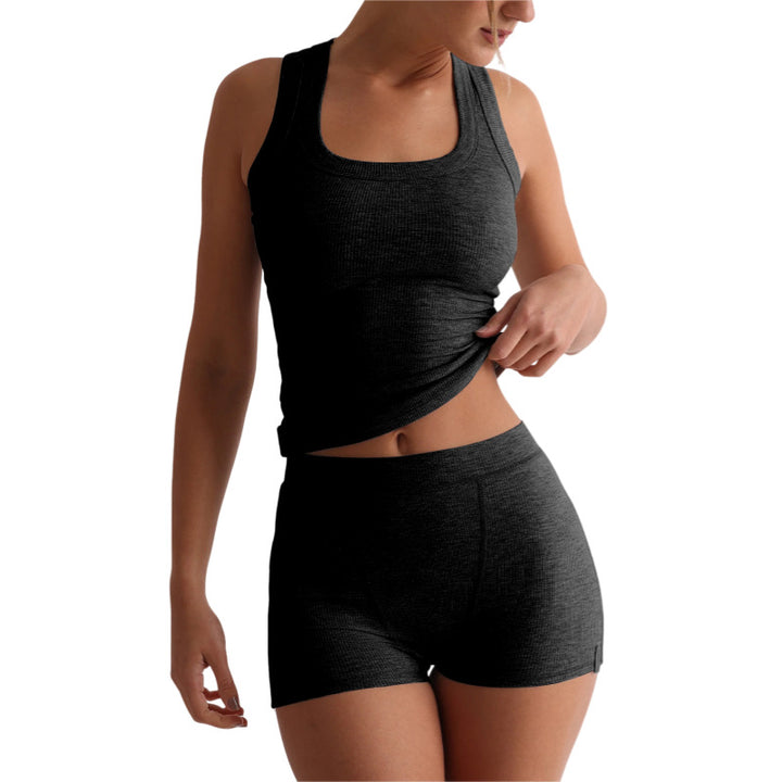 Womens Casual Solid-Colored Crew-Neck Slim-Fit Tank Top And High-Waist Shorts Set
