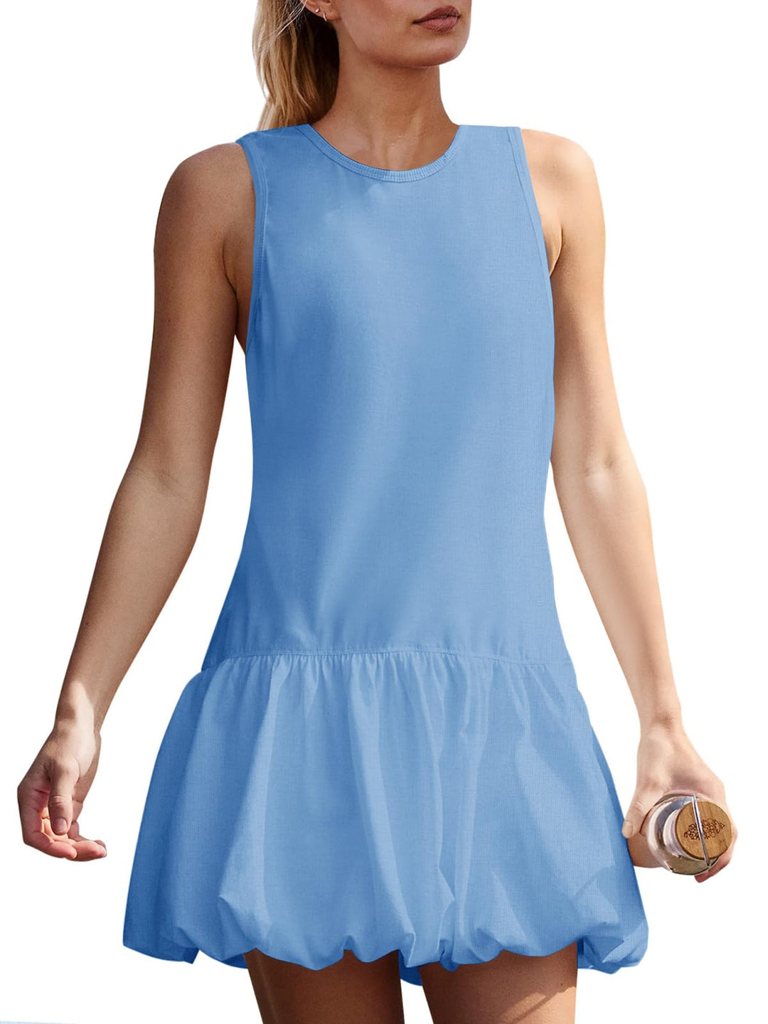 Fisoew Womens Athletic Dresses With Shorts &amp; Pockets Backless Tennis Golf Mini Dress Bubble Hem Workout Active Outfits