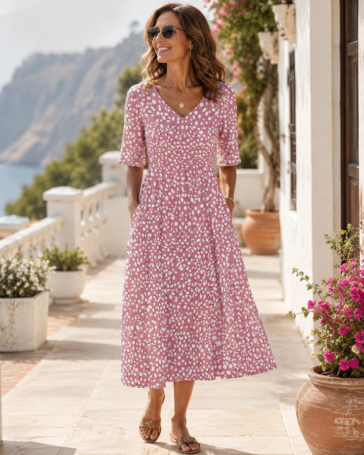 COLETTE | ELEGANT TUMMY-FLATTERING POLKA DOT MIDI DRESS
