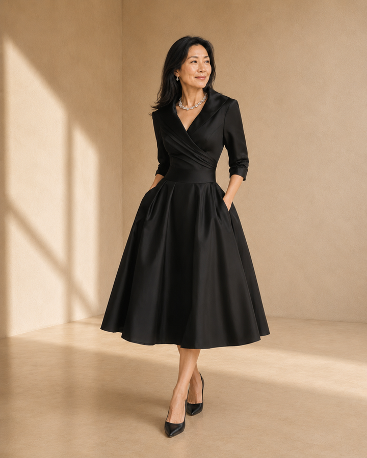 Vinty | Satin Midi Dress Draped Collar
