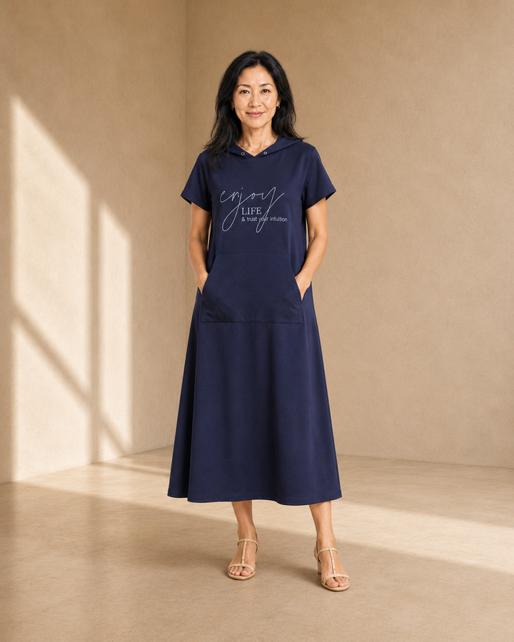 Solid Short-Sleeve Hooded Long Dress