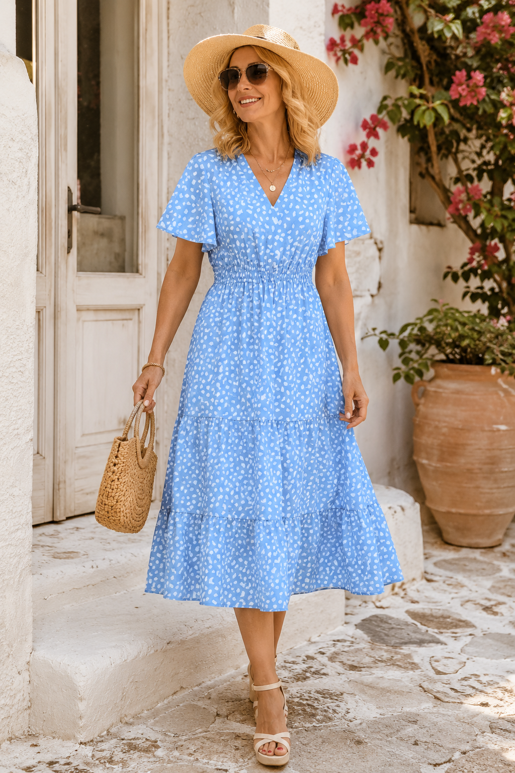 COLETTE | ELEGANT TUMMY-FLATTERING POLKA DOT MIDI DRESS