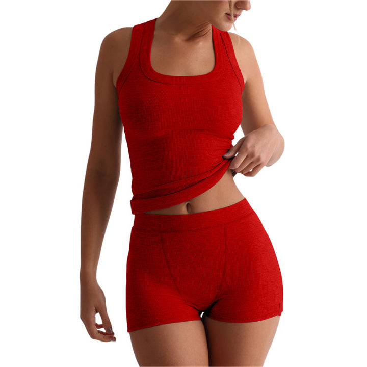 Womens Casual Solid-Colored Crew-Neck Slim-Fit Tank Top And High-Waist Shorts Set